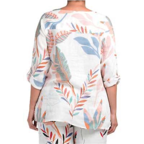Cynthia Rowley Floral Linen Tunic Top Shirt 1X Roll-tab Sleeve Tropical Vacation - Picture 3 of 13